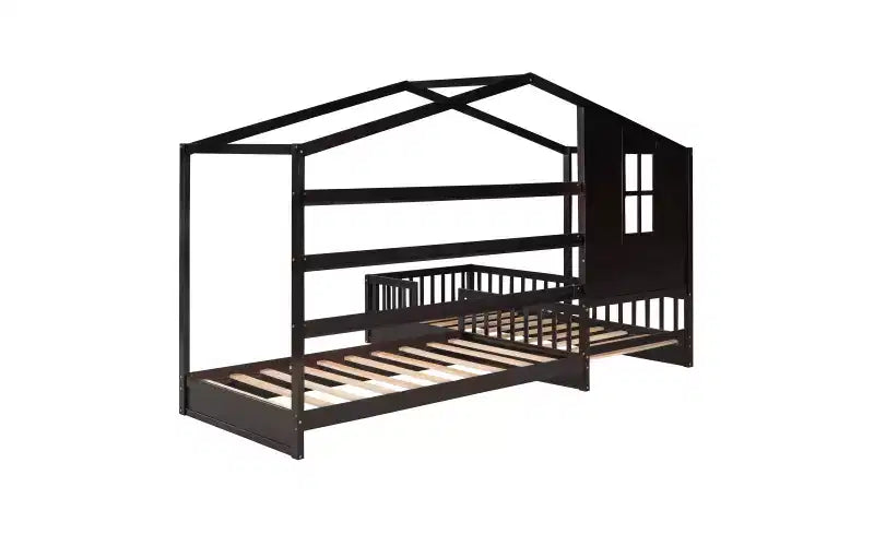 Letto a castello a L in legno a forma di casetta per 2 bambini, letto angolare con recinzione e rete a doghe, dimensioni singole
