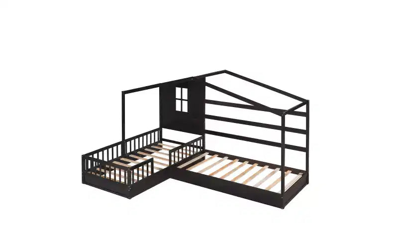 Letto a castello a L in legno a forma di casetta per 2 bambini, letto angolare con recinzione e rete a doghe, dimensioni singole