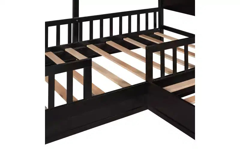 Letto a castello a L in legno a forma di casetta per 2 bambini, letto angolare con recinzione e rete a doghe, dimensioni singole
