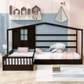 Twin Size L-Shaped Wood House Bed for 2 Kids, L shaped Corner Daybed with Fence and Slatted Frame for Bedroom