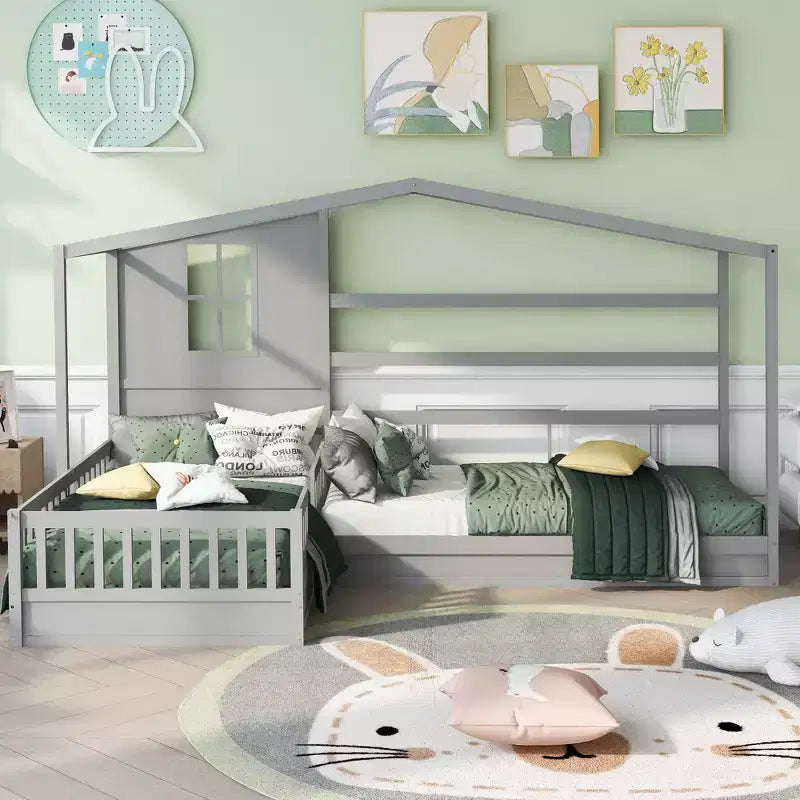 Letto a castello a L in legno a forma di casetta per 2 bambini, letto angolare con recinzione e rete a doghe, dimensioni singole