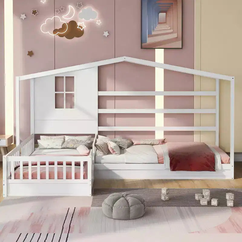 Letto a castello a L in legno a forma di casetta per 2 bambini, letto angolare con recinzione e rete a doghe, dimensioni singole