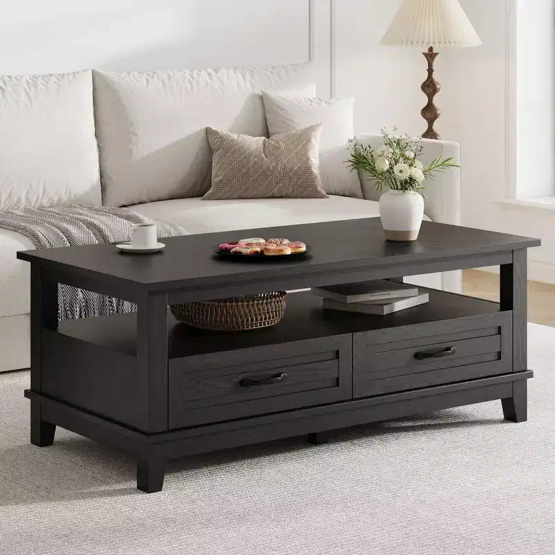 Coffee table with drawers, 47.2 inches, country style, with open shelving and 6 support legs.