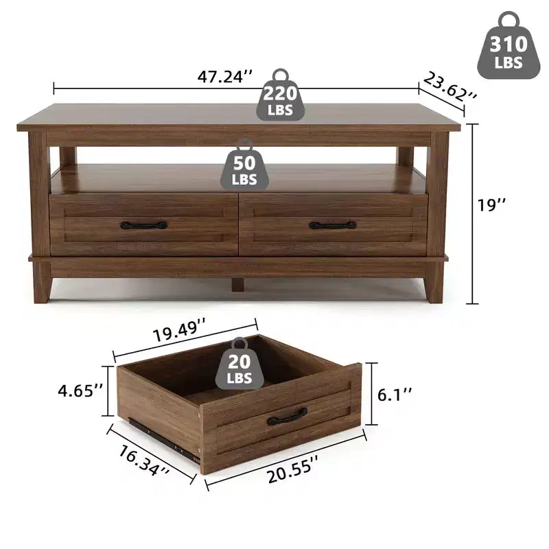 Tavolino da caffè stile rustico con cassetti e ripiani aperti, 120 cm