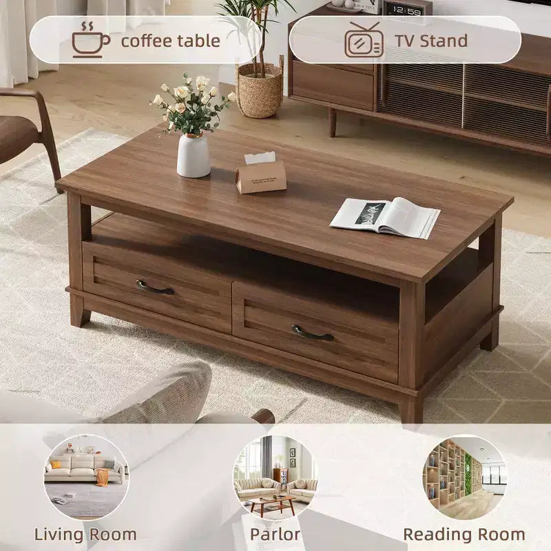 Tavolino da caffè stile rustico con cassetti e ripiani aperti, 120 cm