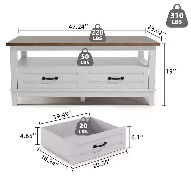 Tavolino da caffè stile rustico con cassetti e ripiani aperti, 120 cm