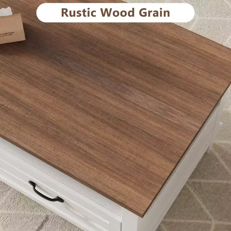 Tavolino da caffè stile rustico con cassetti e ripiani aperti, 120 cm
