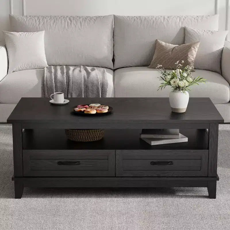 Tavolino da caffè stile rustico con cassetti e ripiani aperti, 120 cm