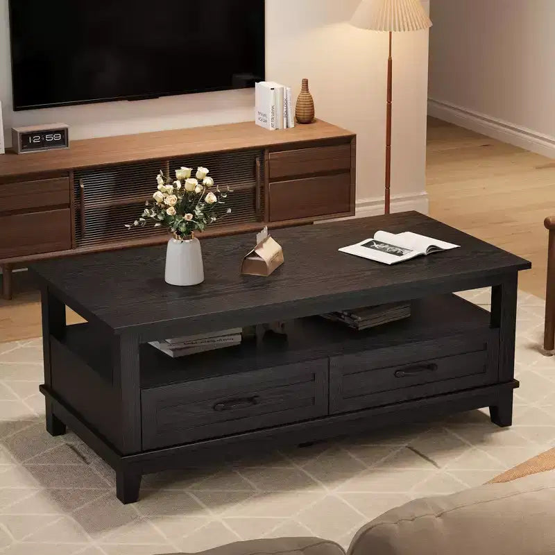 Tavolino da caffè stile rustico con cassetti e ripiani aperti, 120 cm