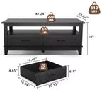 Tavolino da caffè stile rustico con cassetti e ripiani aperti, 120 cm