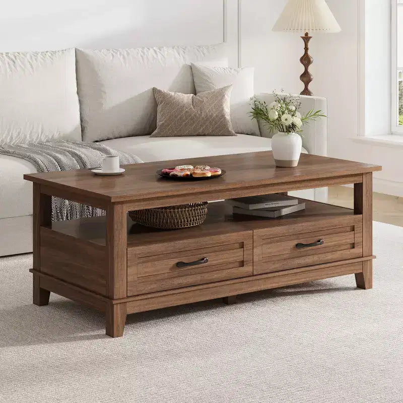 Tavolino da caffè stile rustico con cassetti e ripiani aperti, 120 cm