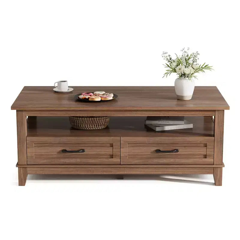 Tavolino da caffè stile rustico con cassetti e ripiani aperti, 120 cm