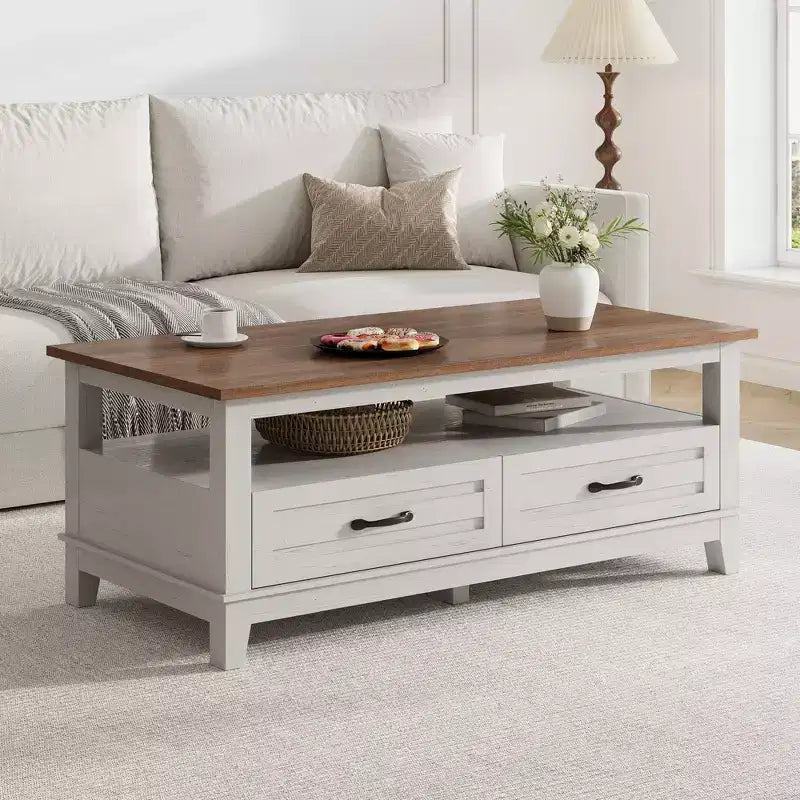 Tavolino da caffè stile rustico con cassetti e ripiani aperti, 120 cm