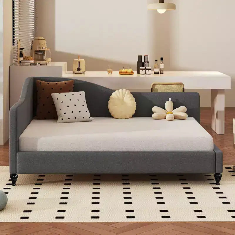 Divano letto a elle matrimoniale/queen imbottito, struttura ad angolo in lino con gambe in legno massello