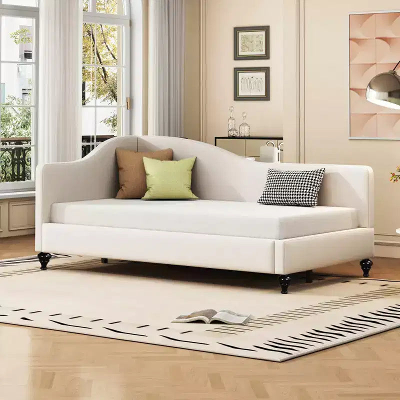 Twin/Full Upholstered L Shaped Daybed, Linen Corner Day Bed Frame with Solid Wood Legs for Living Room