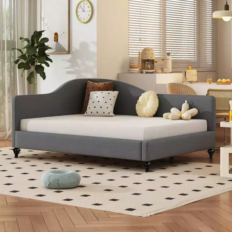 Divano letto a elle matrimoniale/queen imbottito, struttura ad angolo in lino con gambe in legno massello