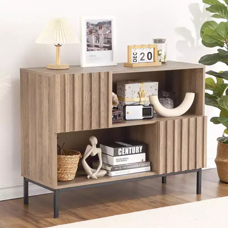 Semi-Open Sideboard ,39.4 Wave Pattern Buffet Cabinet with Metal Legs, Oak Brown & Black Console Table for Living Room, Dining Room,Entryway Storage