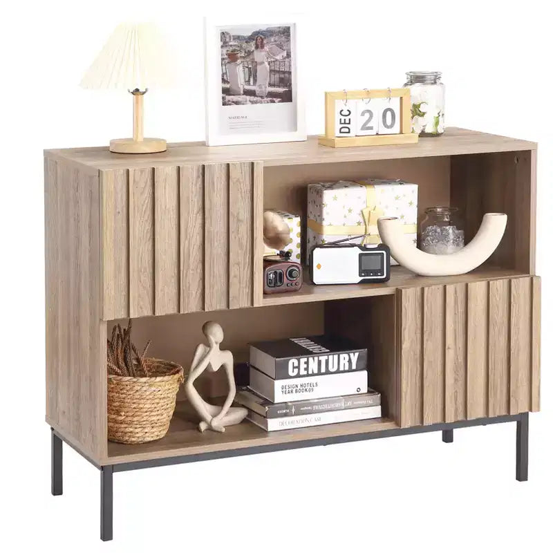 Credenza semichiusa, mobile buffet con motivo a onde da 39,4" con gambe in metallo, tavolo console marrone rovere e nero