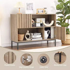 Credenza semichiusa, mobile buffet con motivo a onde da 39,4" con gambe in metallo, tavolo console marrone rovere e nero