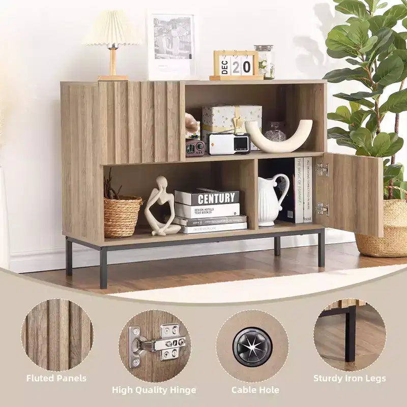 Credenza semichiusa, mobile buffet con motivo a onde da 39,4" con gambe in metallo, tavolo console marrone rovere e nero