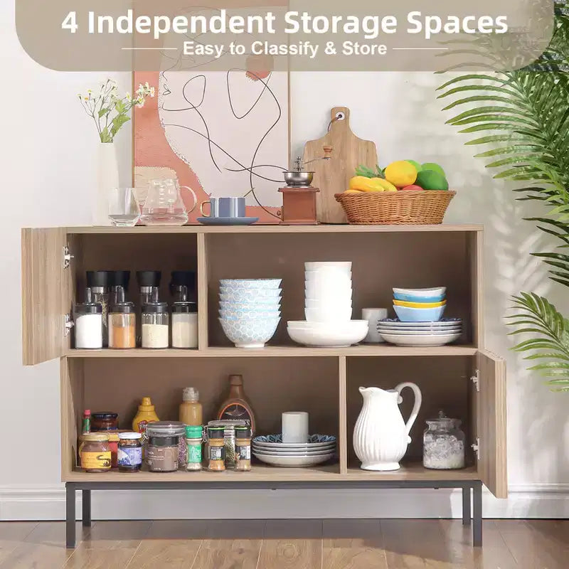 Credenza semichiusa, mobile buffet con motivo a onde da 39,4" con gambe in metallo, tavolo console marrone rovere e nero