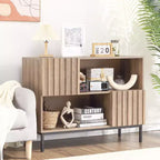 Credenza semichiusa, mobile buffet con motivo a onde da 39,4" con gambe in metallo, tavolo console marrone rovere e nero