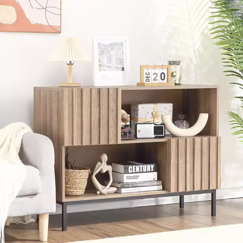 Credenza semichiusa, mobile buffet con motivo a onde da 39,4" con gambe in metallo, tavolo console marrone rovere e nero