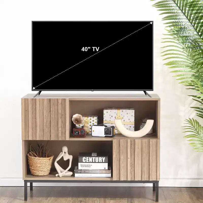 Credenza semichiusa, mobile buffet con motivo a onde da 39,4" con gambe in metallo, tavolo console marrone rovere e nero