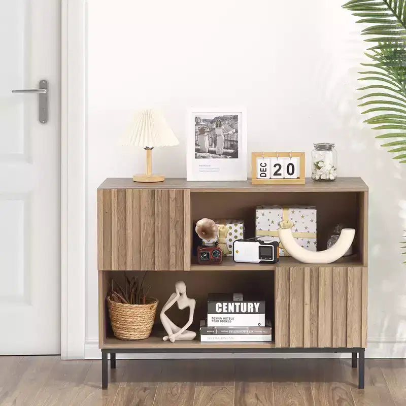 Credenza semichiusa, mobile buffet con motivo a onde da 39,4" con gambe in metallo, tavolo console marrone rovere e nero