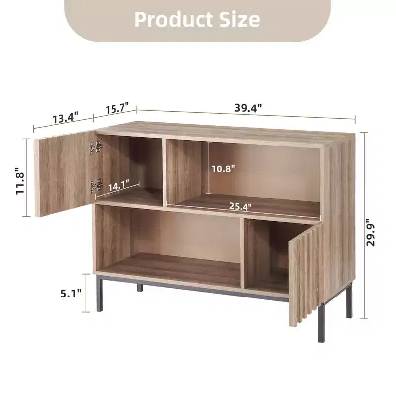 Credenza semichiusa, mobile buffet con motivo a onde da 39,4" con gambe in metallo, tavolo console marrone rovere e nero