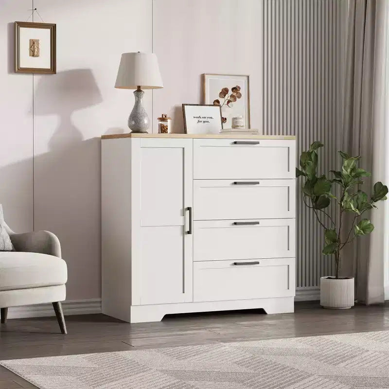 Wooden wardrobe with 4 drawers and doors, bedroom closet, clothing storage, includes hanging rod, suitable for bedrooms