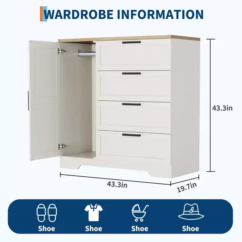 Armadio in legno con 4 cassetti e ante, guardaroba per camera da letto, contenitore per vestiti, include asta appendiabiti, adatto per camere da letto