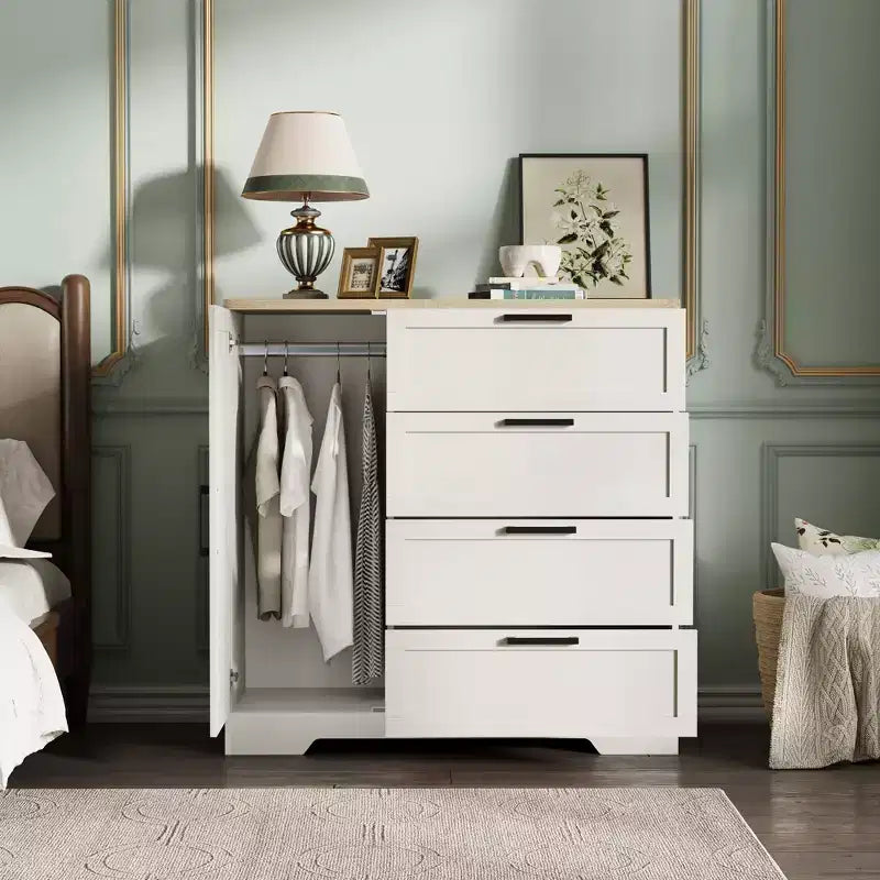 Armadio in legno con 4 cassetti e ante, guardaroba per camera da letto, contenitore per vestiti, include asta appendiabiti, adatto per camere da letto