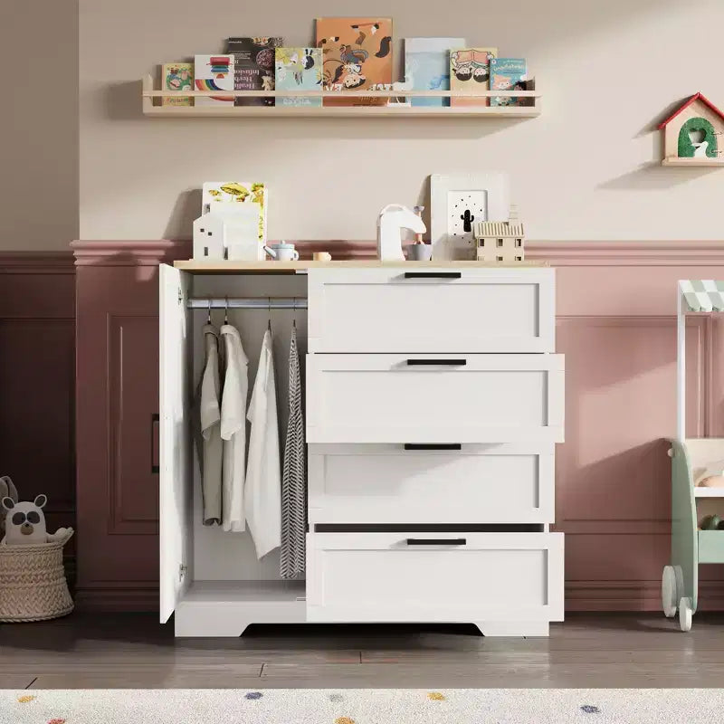 Armadio in legno con 4 cassetti e ante, guardaroba per camera da letto, contenitore per vestiti, include asta appendiabiti, adatto per camere da letto