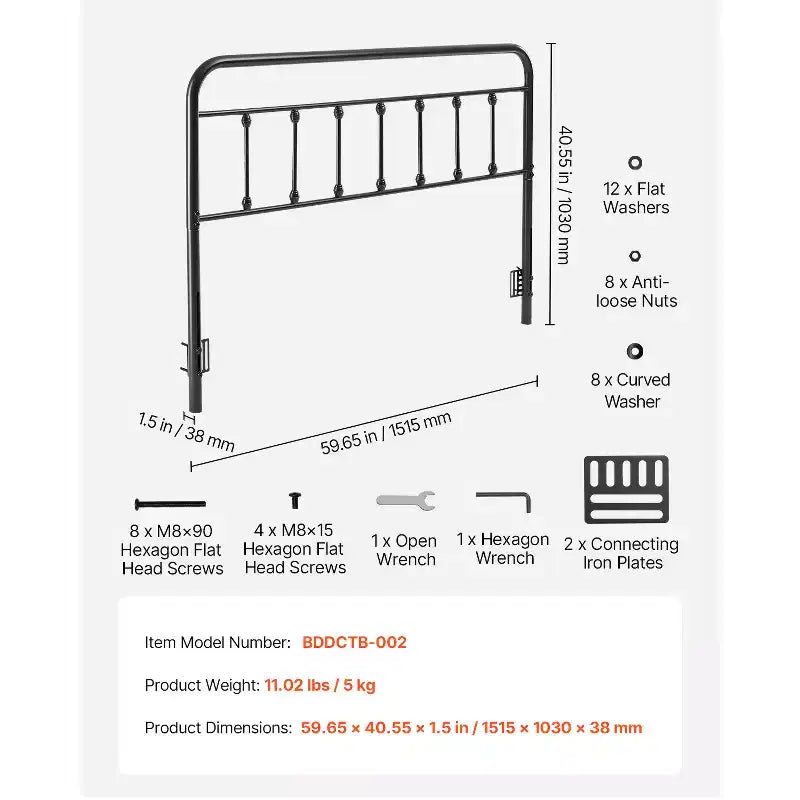 Testiera in metallo, Queen Size, Altezza regolabile, Nera