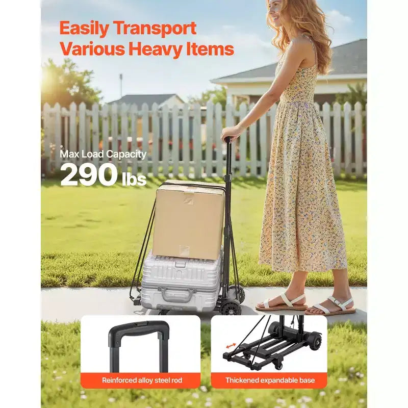 Carrello Pieghevole, Capacità di Carico 131 kg, Carrello Portabagagli Pieghevole con 4 Ruote, 2 Corde Elastiche e Base Espandibile, Nero