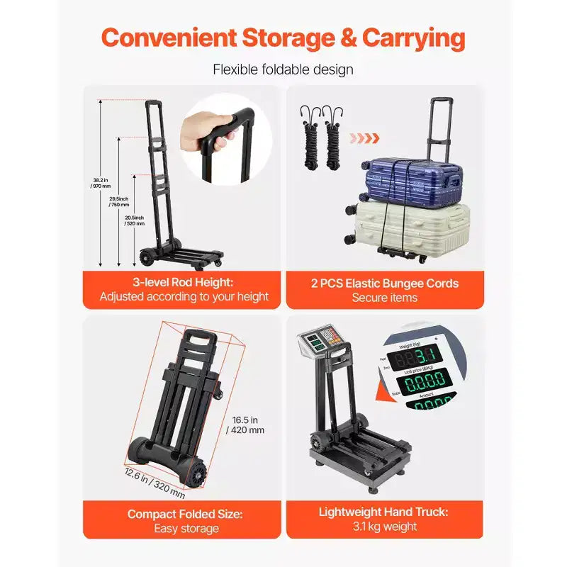 Carrello Pieghevole, Capacità di Carico 131 kg, Carrello Portabagagli Pieghevole con 4 Ruote, 2 Corde Elastiche e Base Espandibile, Nero