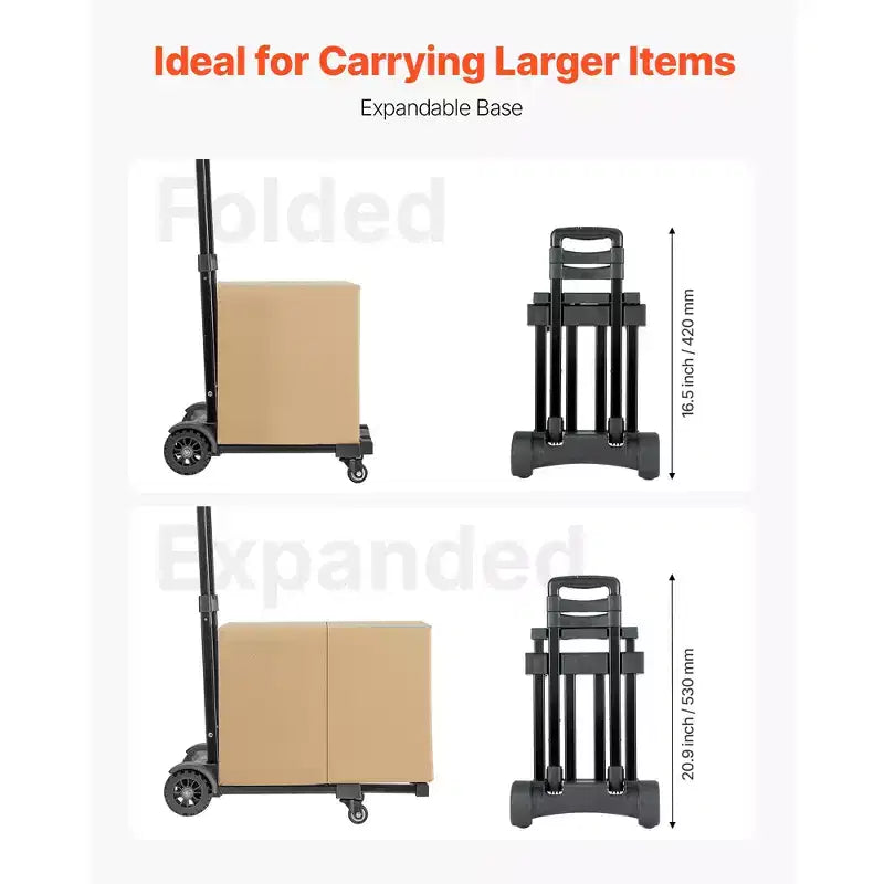 Carrello Pieghevole, Capacità di Carico 131 kg, Carrello Portabagagli Pieghevole con 4 Ruote, 2 Corde Elastiche e Base Espandibile, Nero