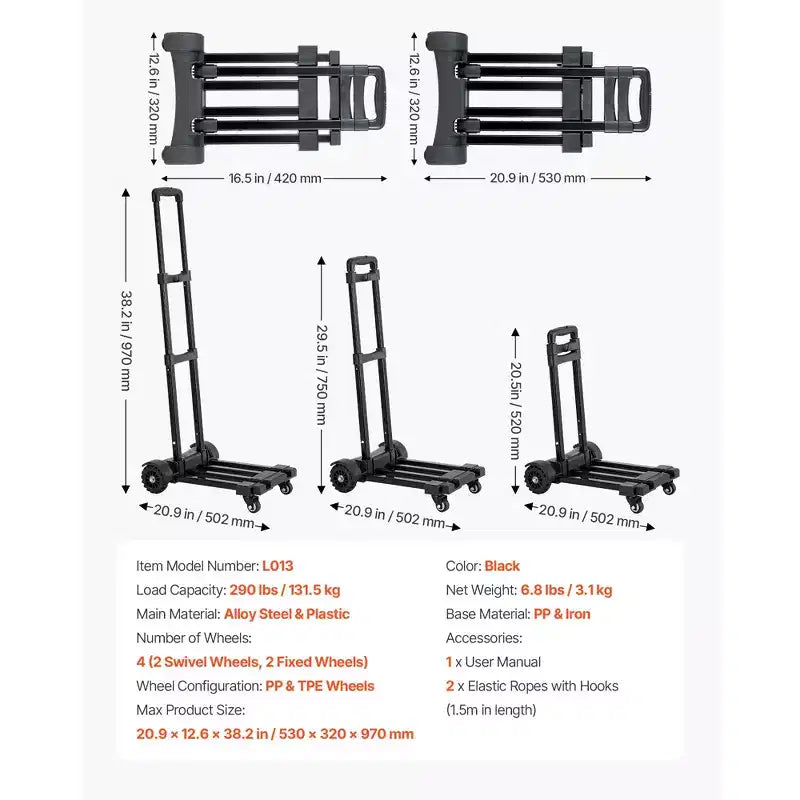 Carrello Pieghevole, Capacità di Carico 131 kg, Carrello Portabagagli Pieghevole con 4 Ruote, 2 Corde Elastiche e Base Espandibile, Nero