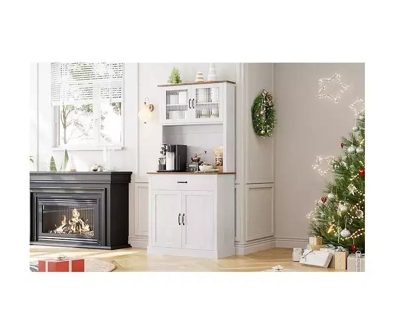 Mobile dispensa alto - Mobile dispensa per cucina con supporto per microonde, ante in vetro scanalato, cassetto, ripiani regolabili - Perfetto per sale da pranzo