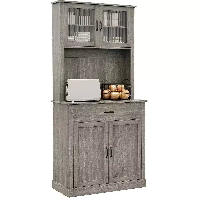 Mobile dispensa alto - Mobile dispensa per cucina con supporto per microonde, ante in vetro scanalato, cassetto, ripiani regolabili - Perfetto per sale da pranzo