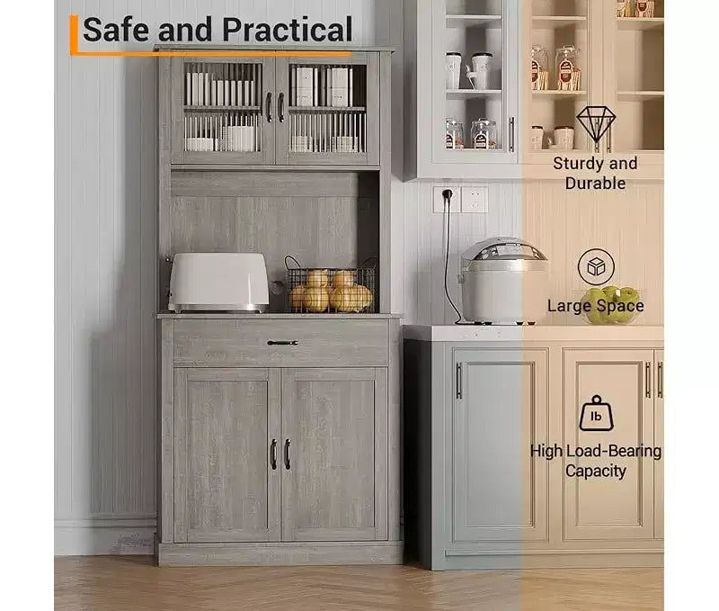 Mobile dispensa alto - Mobile dispensa per cucina con supporto per microonde, ante in vetro scanalato, cassetto, ripiani regolabili - Perfetto per sale da pranzo