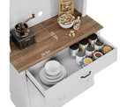 Mobile dispensa alto - Mobile dispensa per cucina con supporto per microonde, ante in vetro scanalato, cassetto, ripiani regolabili - Perfetto per sale da pranzo