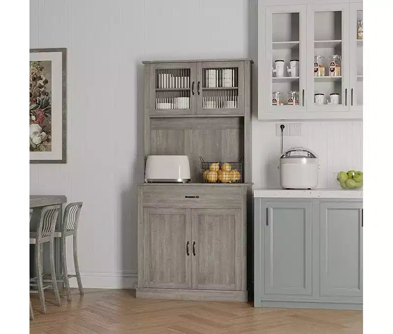 Tall Pantry Cabinet - Kitchen Storage Hutch Cabinets with Microwave Stand, Fluted Glass Doors, Drawer, Adjustable Shelves - Perfect for Dining Rooms