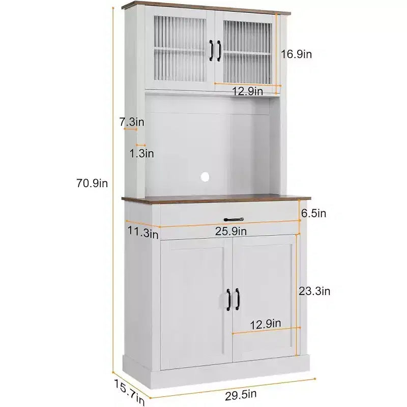 Mobile dispensa alto - Mobile dispensa per cucina con supporto per microonde, ante in vetro scanalato, cassetto, ripiani regolabili - Perfetto per sale da pranzo