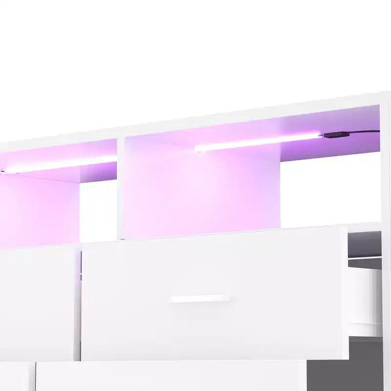 Comò per Camera da Letto con Luci LED e Prese di Corrente, Comò Porta TV con 4 Cassetti