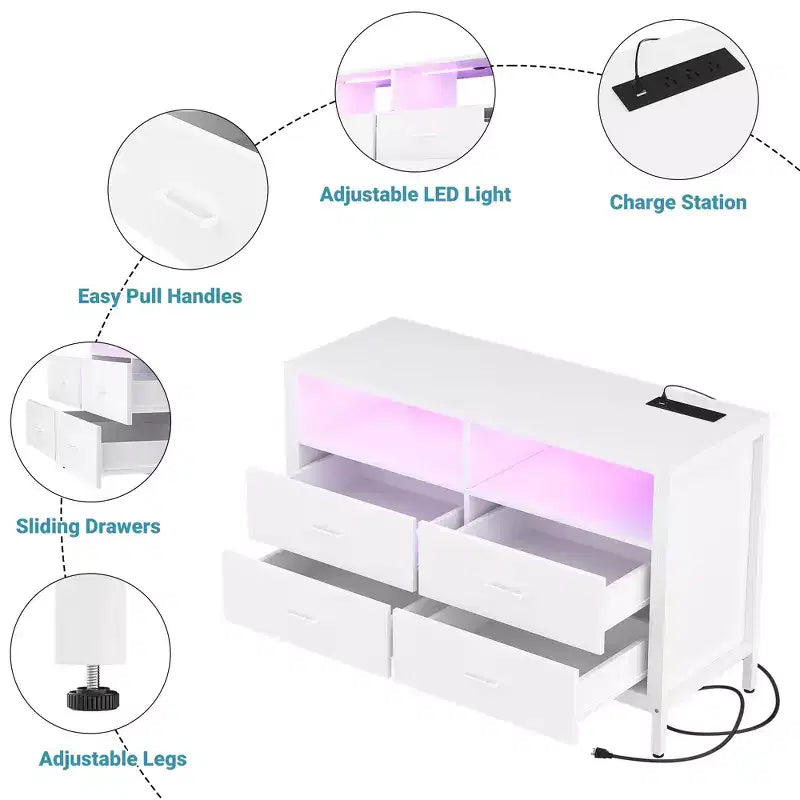 Comò per Camera da Letto con Luci LED e Prese di Corrente, Comò Porta TV con 4 Cassetti