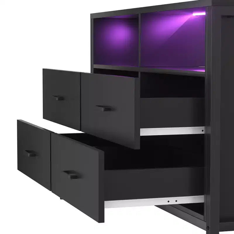 Comò per Camera da Letto con Luci LED e Prese di Corrente, Comò Porta TV con 4 Cassetti
