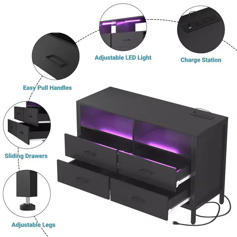 Comò per Camera da Letto con Luci LED e Prese di Corrente, Comò Porta TV con 4 Cassetti