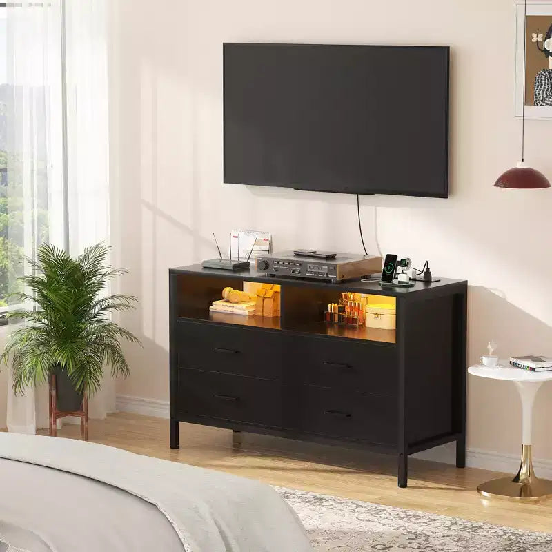Besiost Dresser for Bedroom with LED Lights and Power Outlets, TV Stand Dresser with 4 Drawers